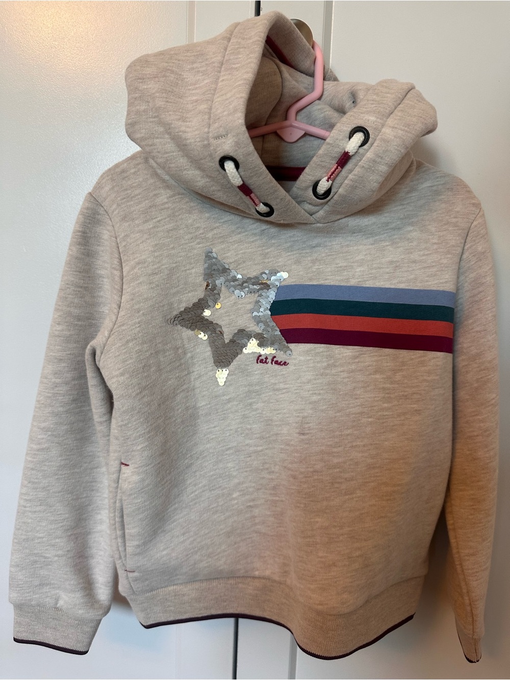 Fat Face Light Gray/Cream Hoodie with Sequin Star & Color Stripes
